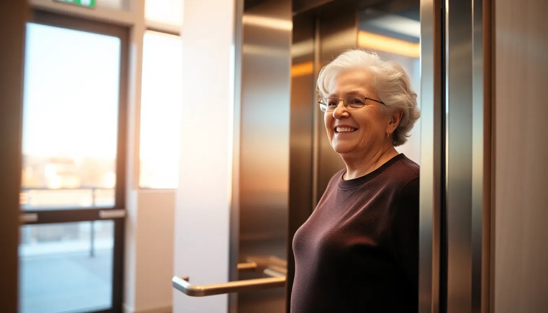 Persona mayor de 70 años usando un ascensor moderno en un edificio residencial