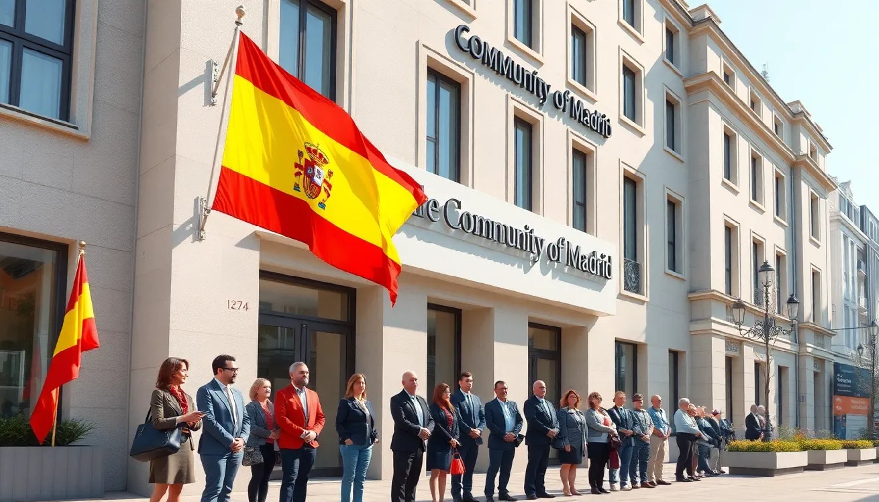 Imagen de la fachada del Palacio de la Comunidad de Madrid con banderas y empleados públicos