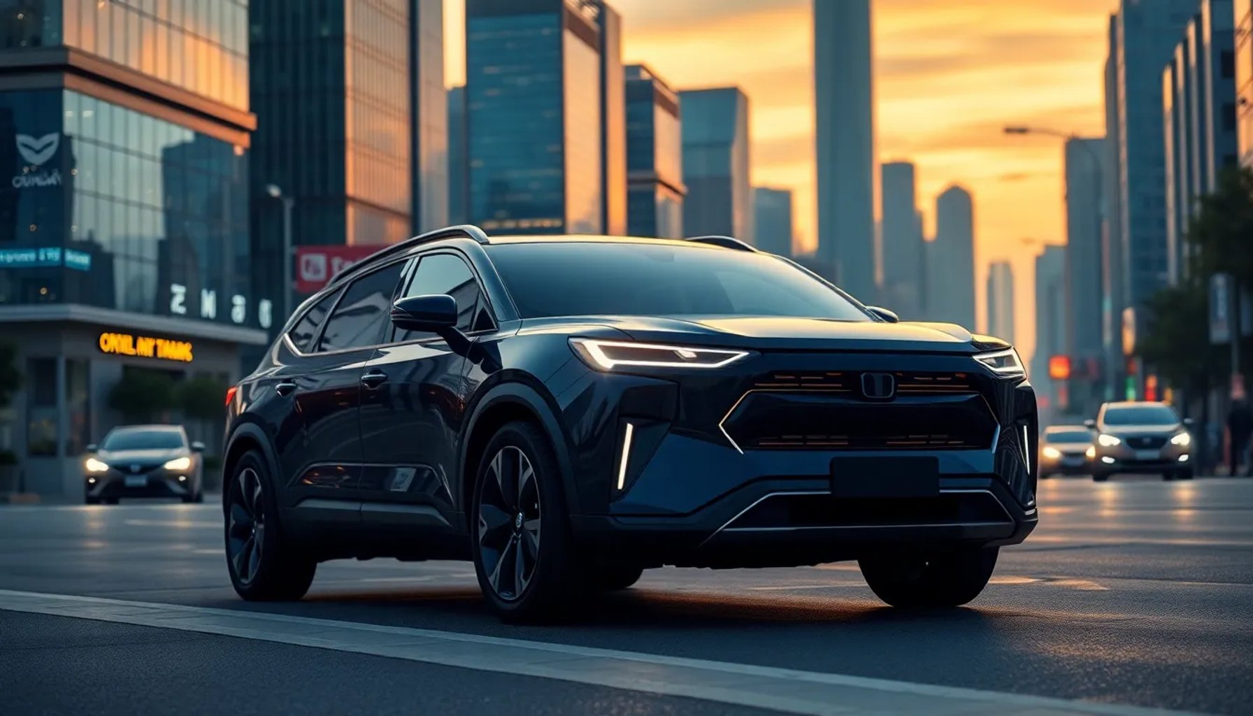 OMODA 9 eléctrico en una calle urbana de Shanghai, mostrando su diseño moderno y luces LED