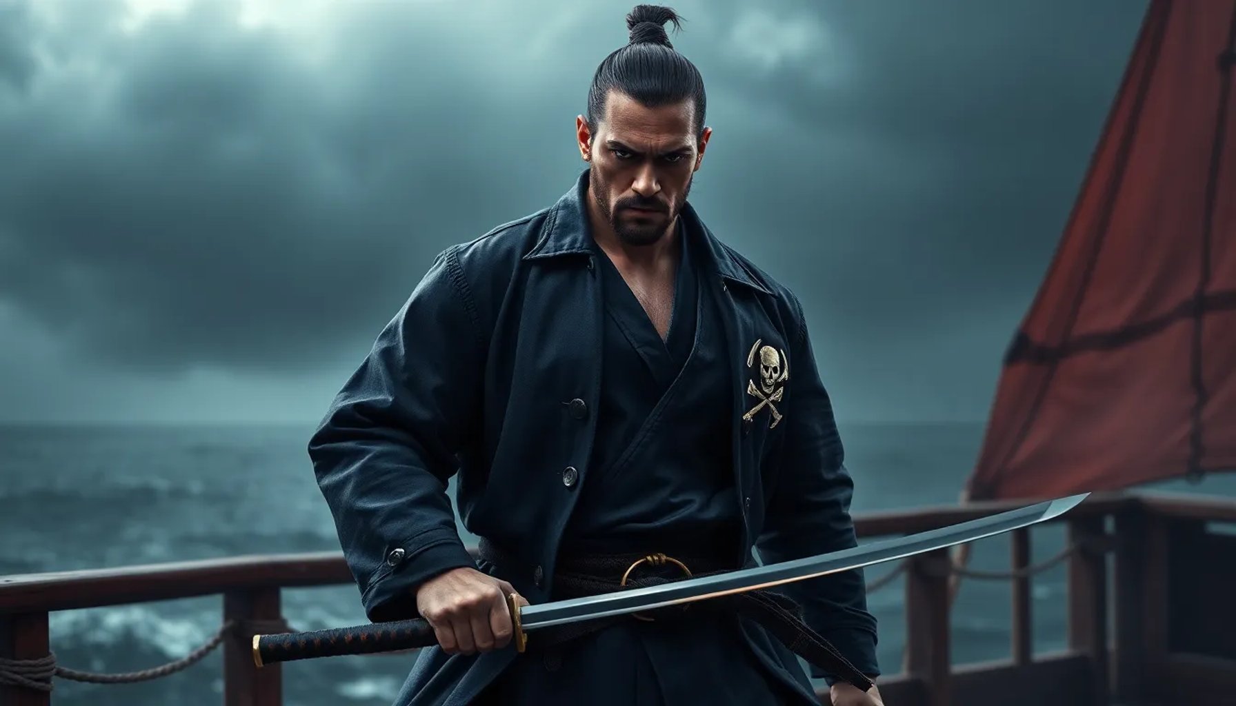 Roronoa Zoro con ropa de cazador de piratas, espada en mano, sobre un fondo marino