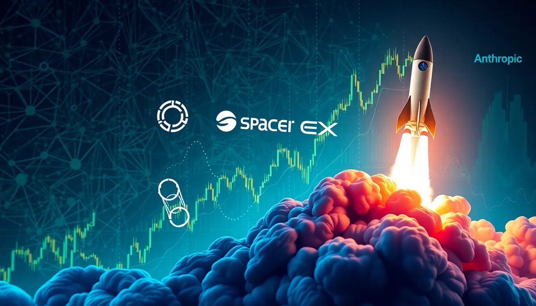 Imagen de un gráfico bursátil que muestra el crecimiento de OpenAI, SpaceX y Anthropic junto a símbolos de IA y cohetes