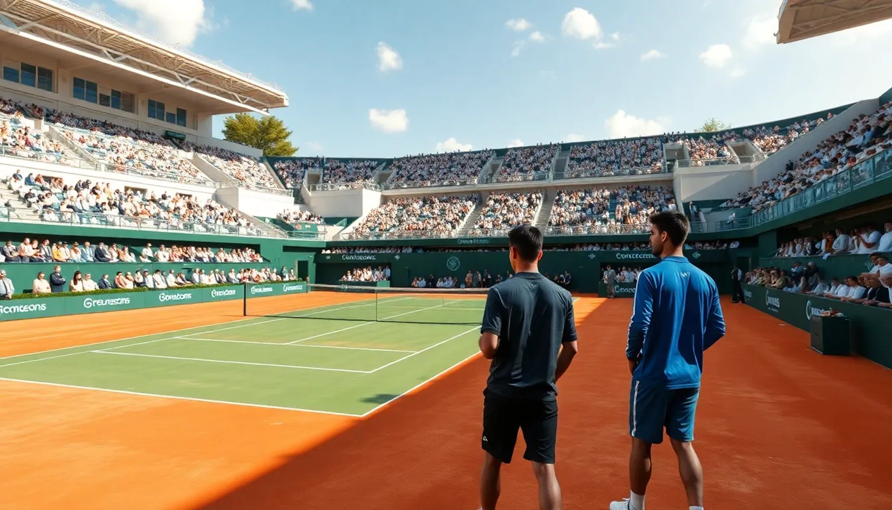 Imagen hero de la pista central de Roland Garros con jugadores preparándose para el partido del día 4