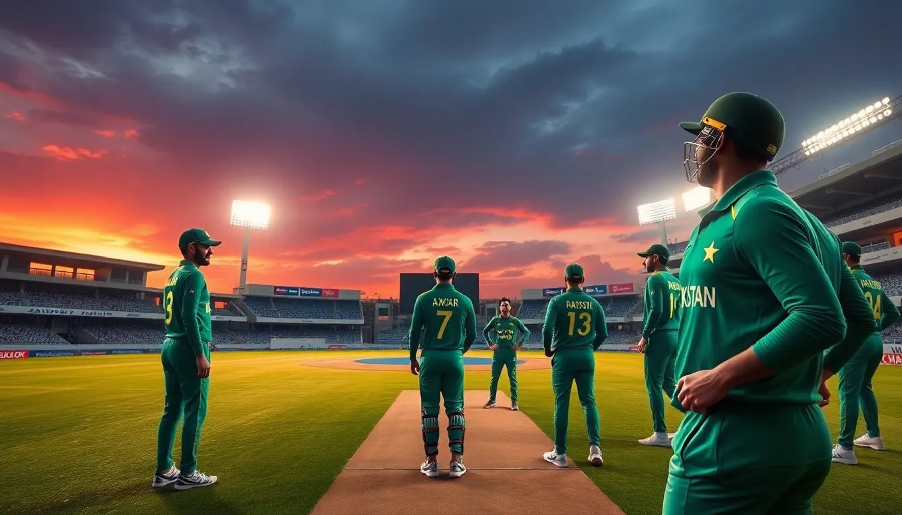 Babar Azam en posición de bateo en un estadio de cricket, con la luz del atardecer iluminando el campo y la multitud de fondo