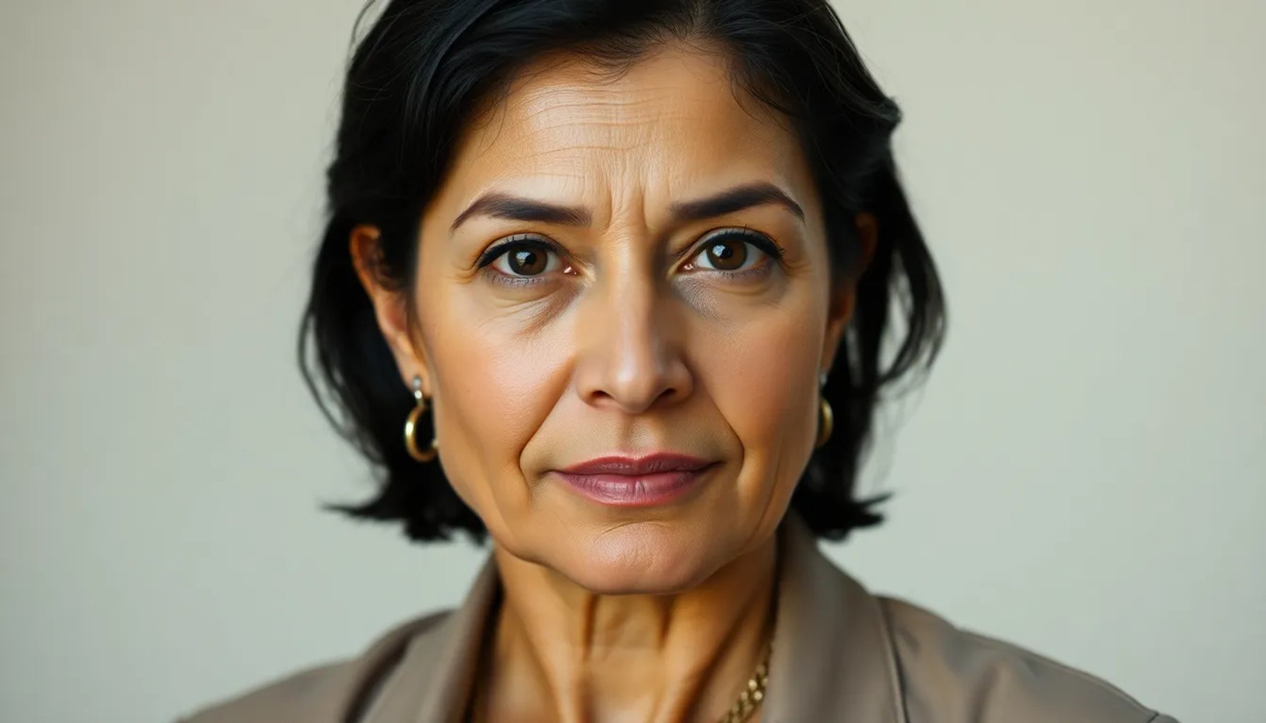 Retrato de Paqui Pino, exesposa de Juan Carlos Aragón, con expresión seria y fondo neutro