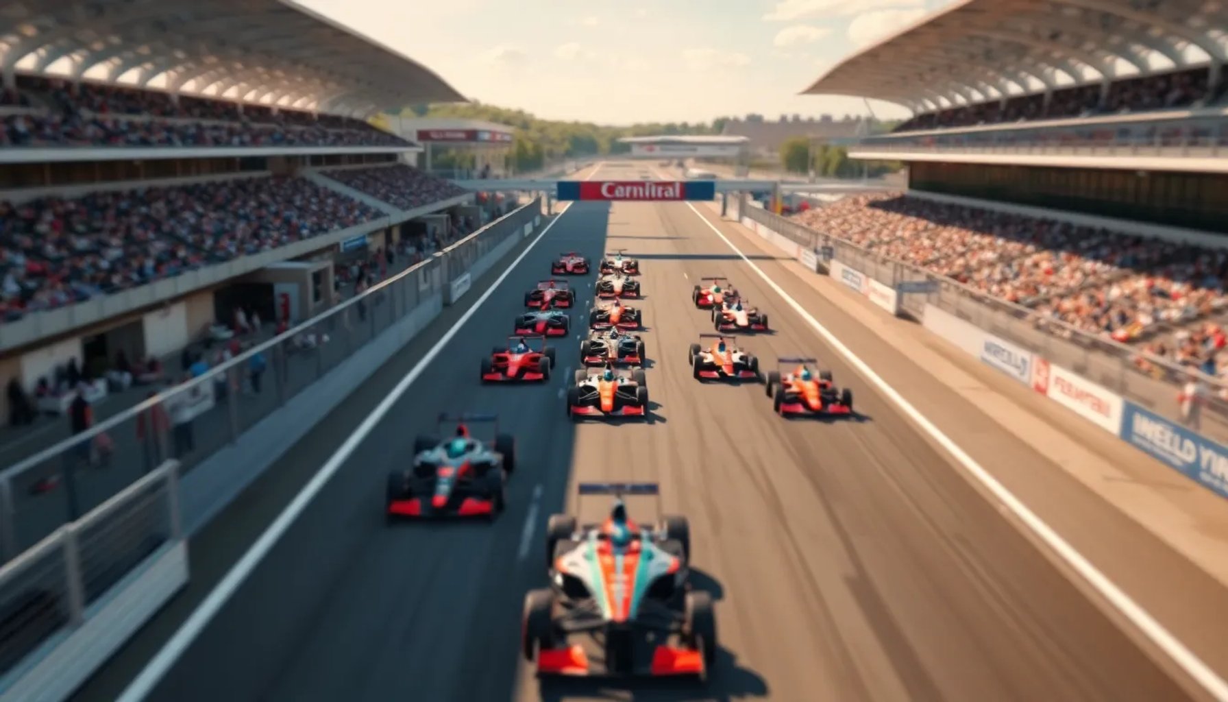 Vista aérea del circuito Gilles Villeneuve en Montreal con autos de F1 alineados en la parrilla de salida