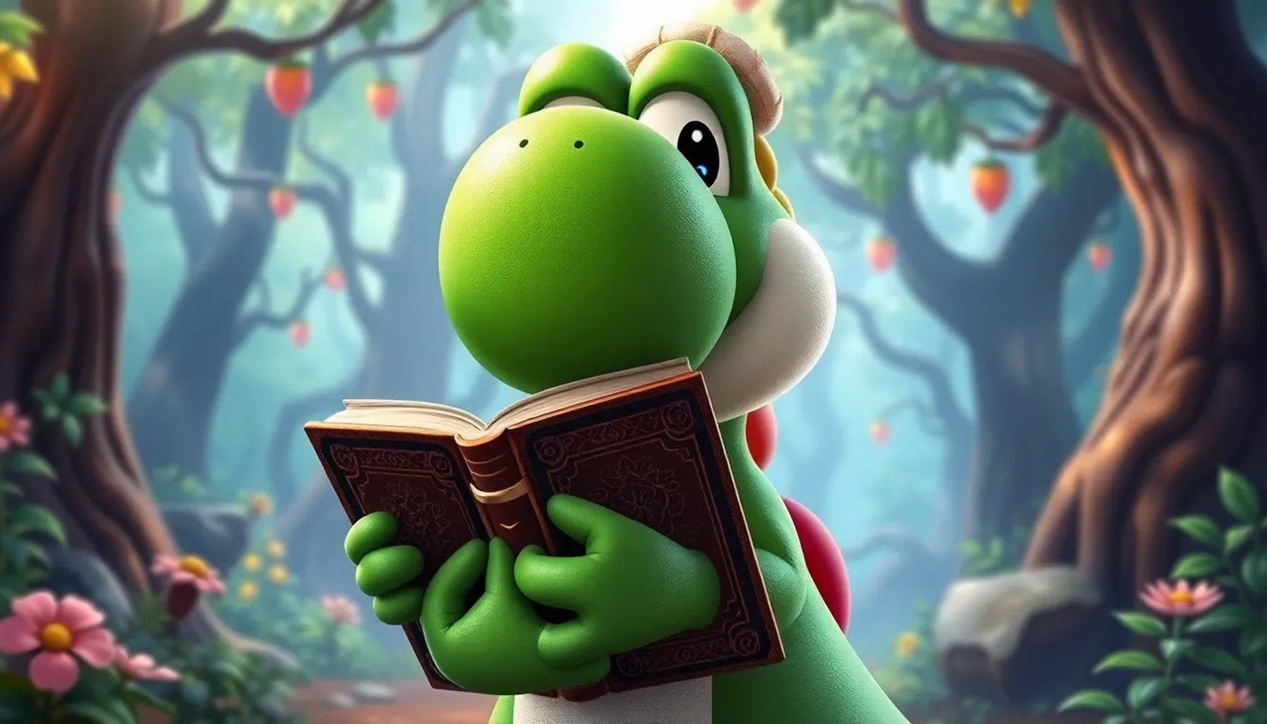 Yoshi de edición limitada sosteniendo un libro misterioso, con colores vivos y fondo de bosque de Nintendo