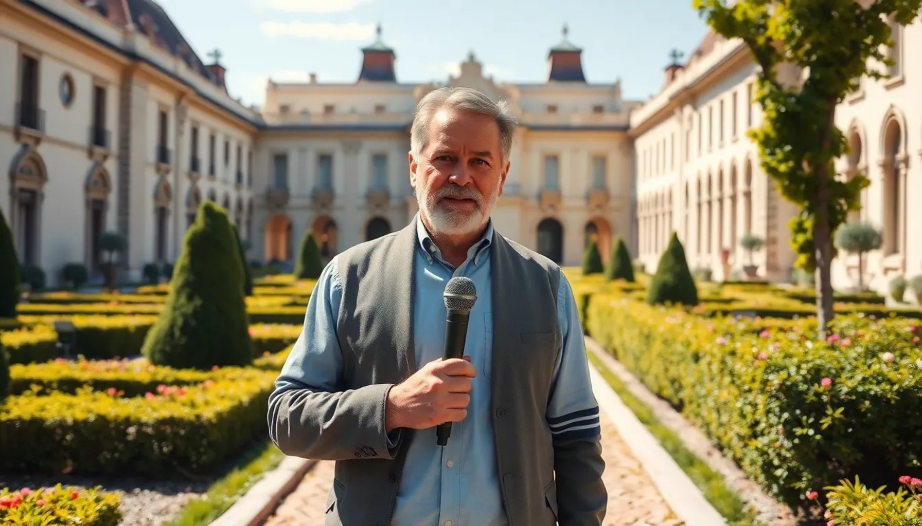 Pedro Trapote caminando entre los jardines del Palacio Real de Aranjuez bajo la luz de la primavera