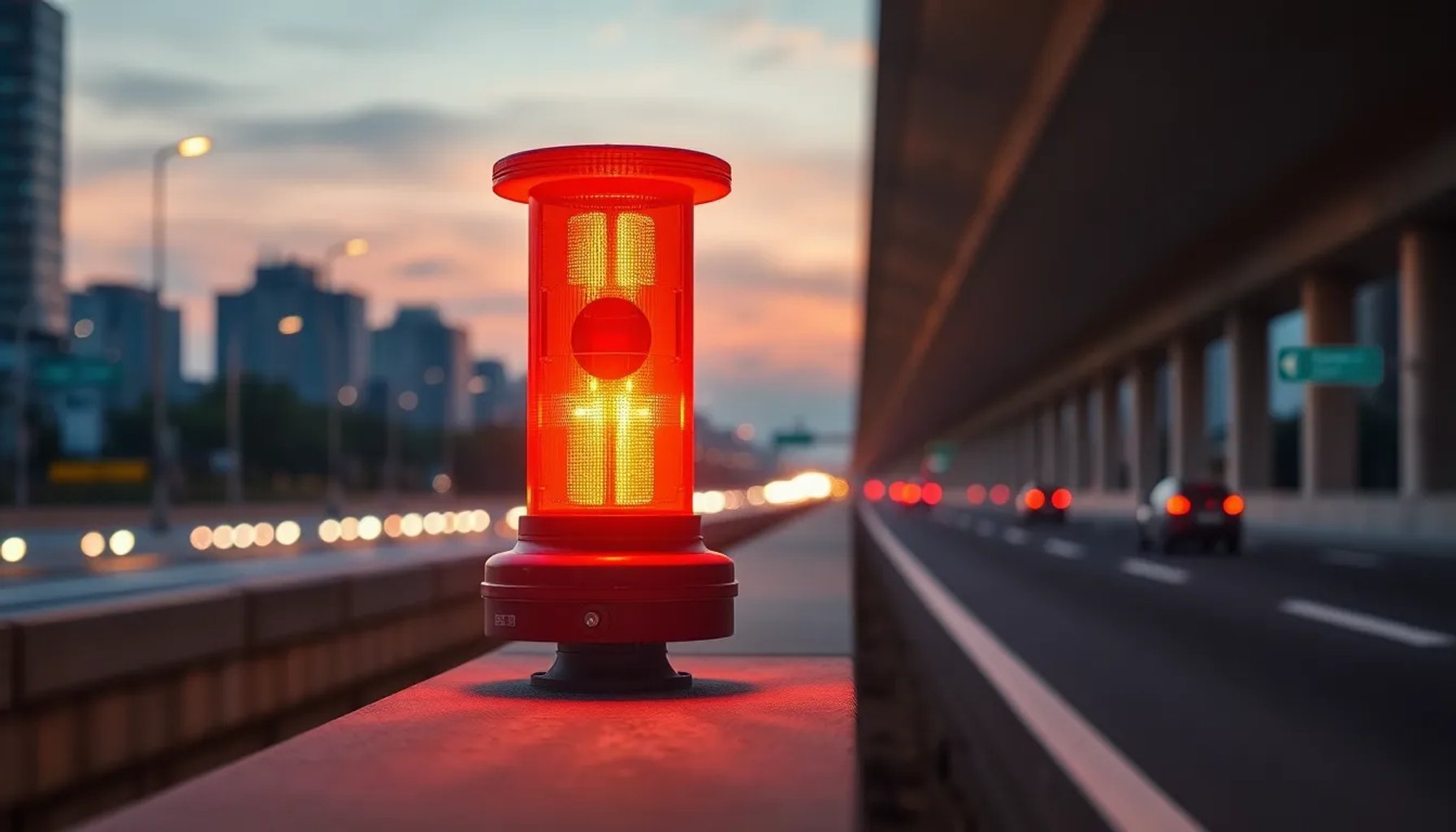 Baliza V‑16 iluminada al borde de una carretera, símbolo de la nueva señalización de emergencia