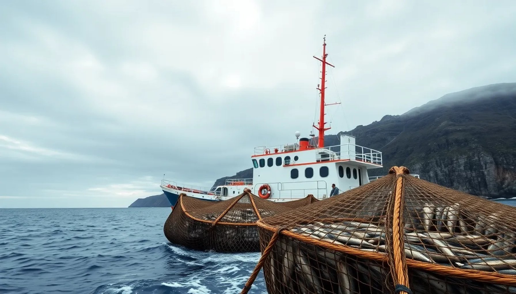Barco pesquero en aguas de las Islas Malvinas con redes cargadas de pescado