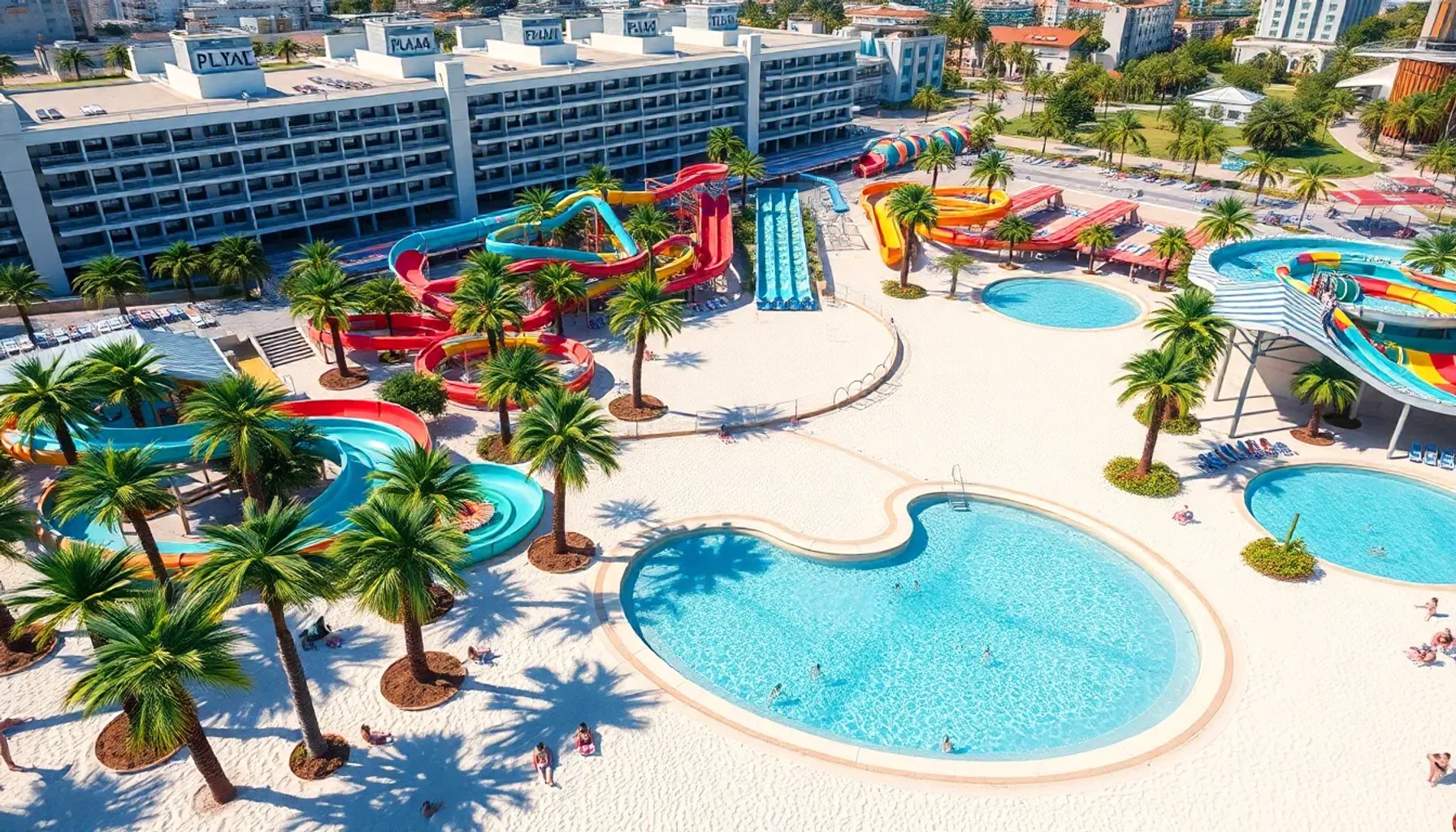 Vista aérea de la Playa de Madrid con arena, palmeras y toboganes acuáticos bajo el sol de verano