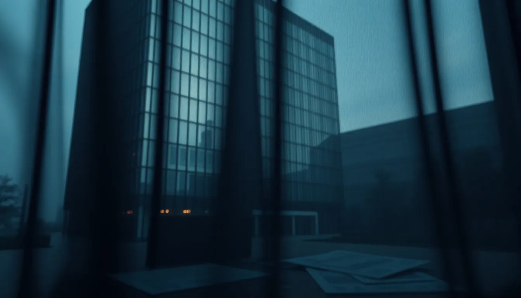 Imagen de la fachada de la sede de Plus Ultra con sombras que sugieren opacidad y documentos financieros dispersos