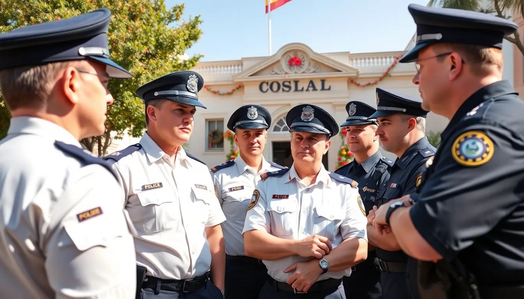 Grupo de policías municipales de Coslada conversando frente al Ayuntamiento durante las fiestas patronales