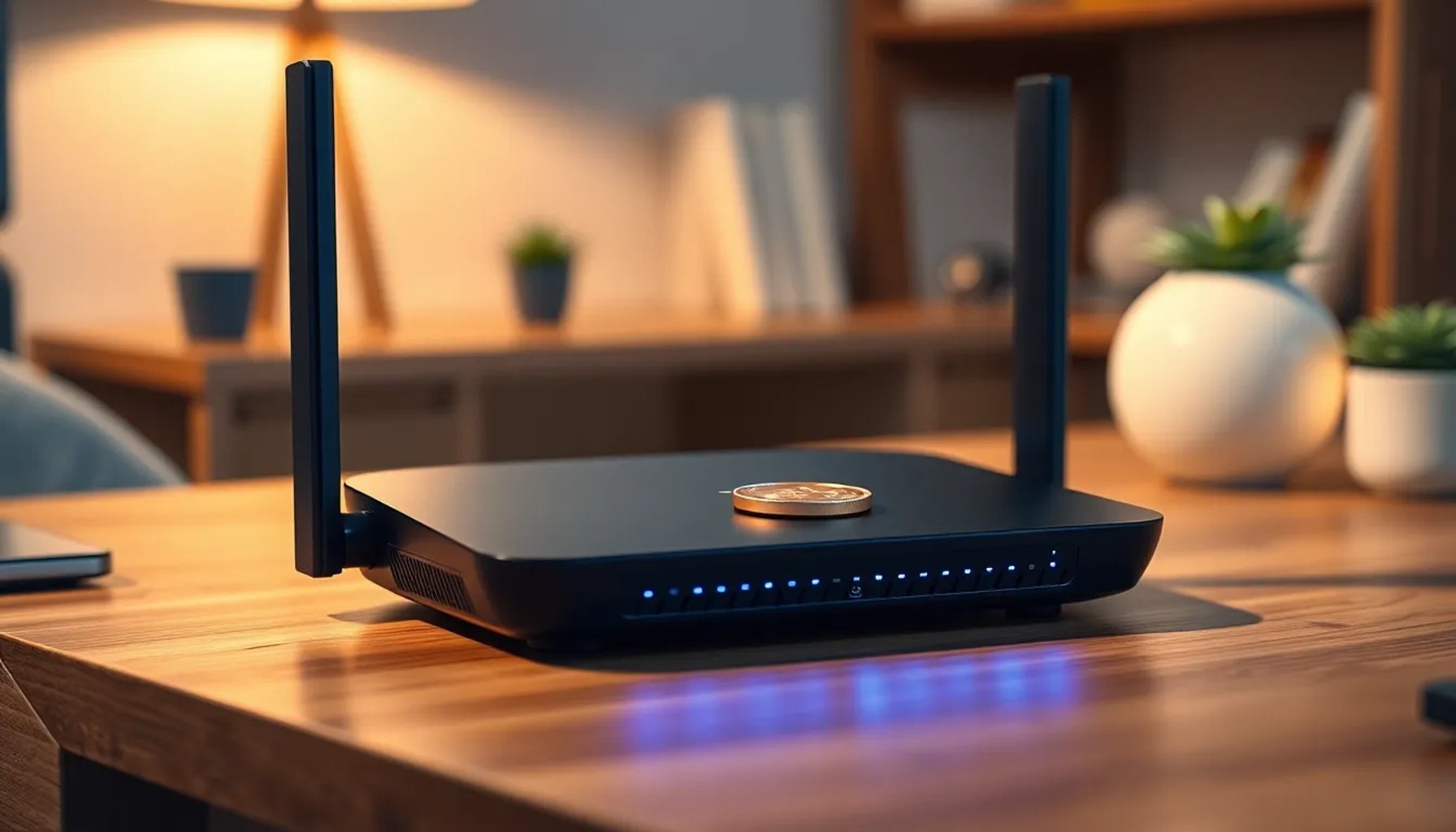 Router WiFi sobre una mesa con una moneda de cobre colocada encima, iluminado por luz tenue