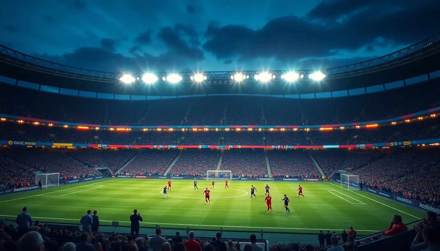 Imagen de un estadio de fútbol iluminado con jugadores celebrando un gol