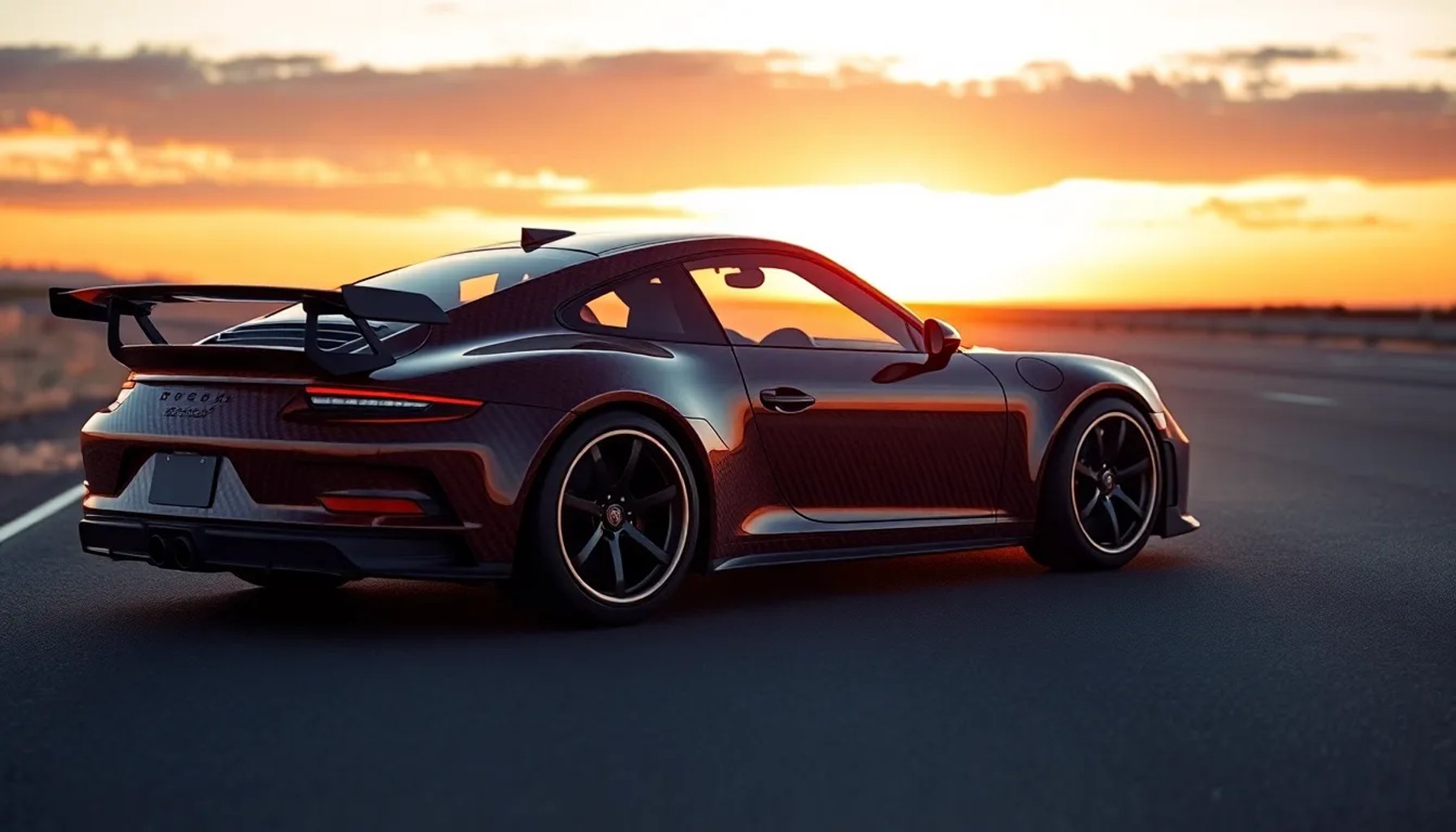 Porsche 911 GT3 RS con carrocería de fibra de carbono teñida de marrón bajo luz del atardecer