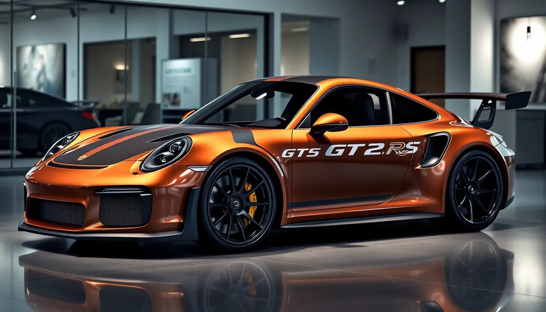 Porsche 911 GT3 RS con carrocería de fibra de carbono teñida de marrón, mostrando su elegante diseño deportivo