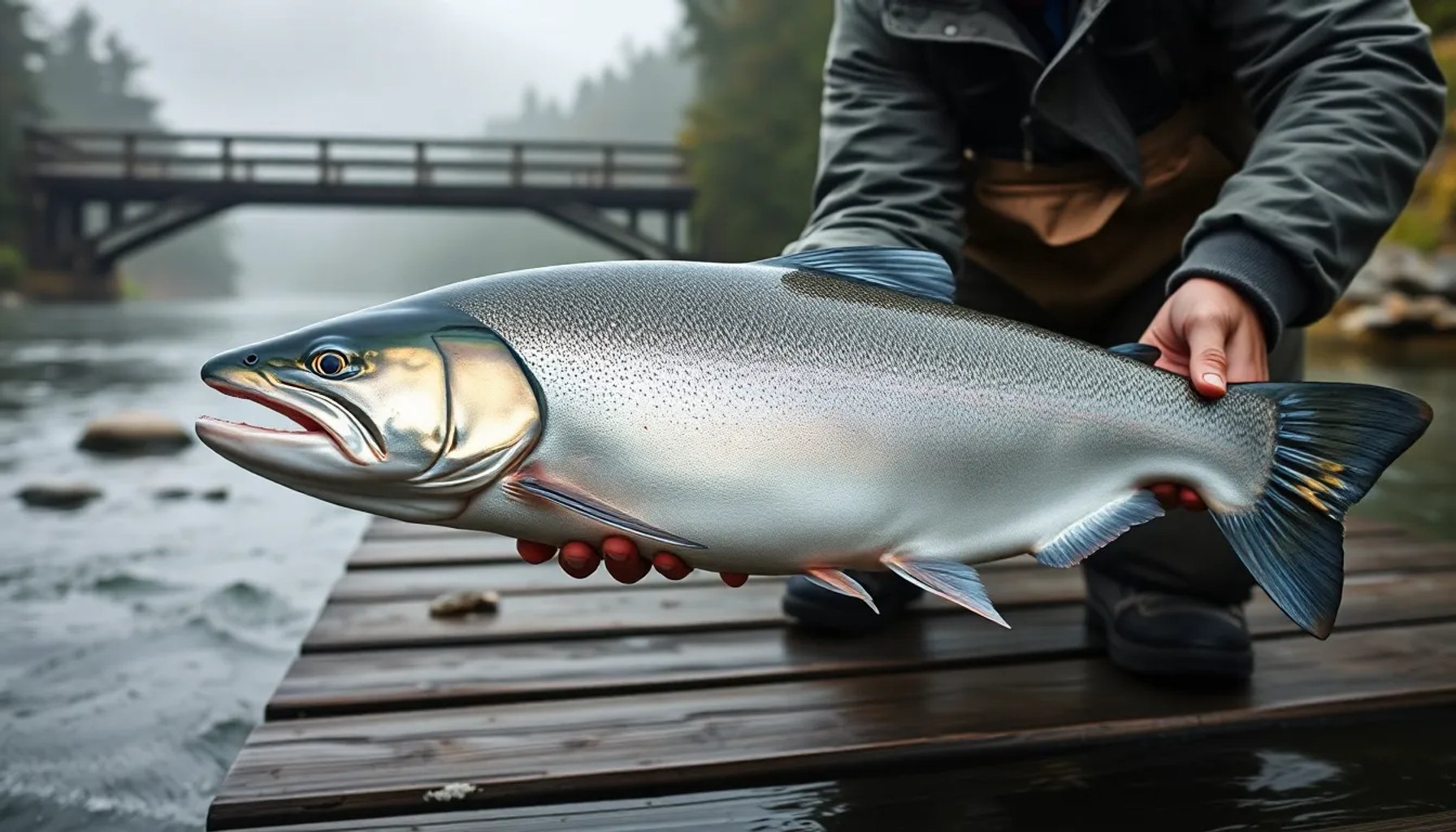 Salmón de 6,2 kg recién capturado en el río Sella, sobre la mesa de la sidrería El Llavianu en Gijón