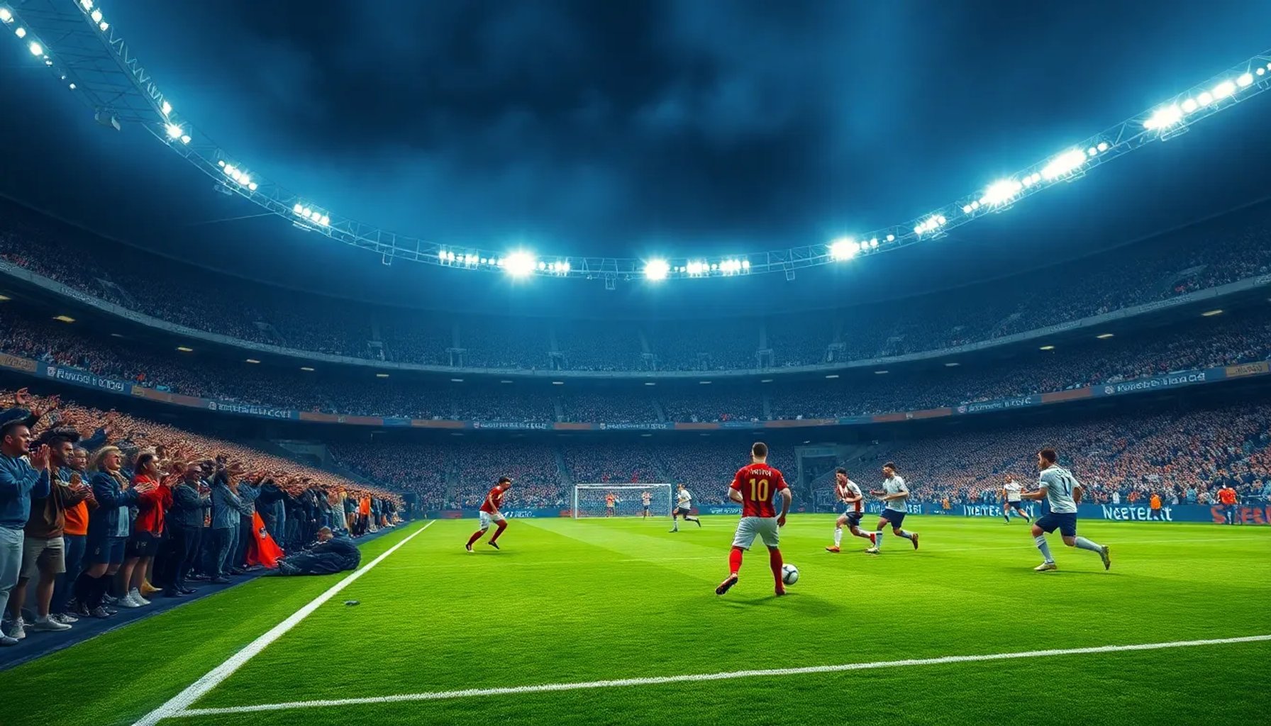 Estadio iluminado con jugadores de la Primera RFEF disputando un partido decisivo en la jornada 38