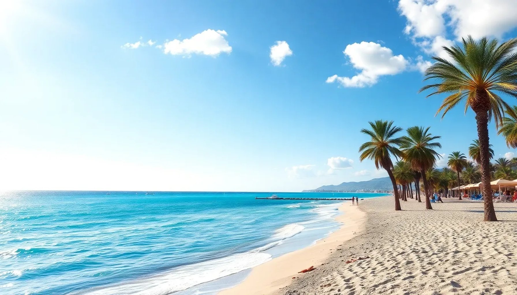 Vista panorámica de la playa del Postiguet en Alicante bajo un cielo parcialmente nublado con el sol del 7 de mayo de 2026