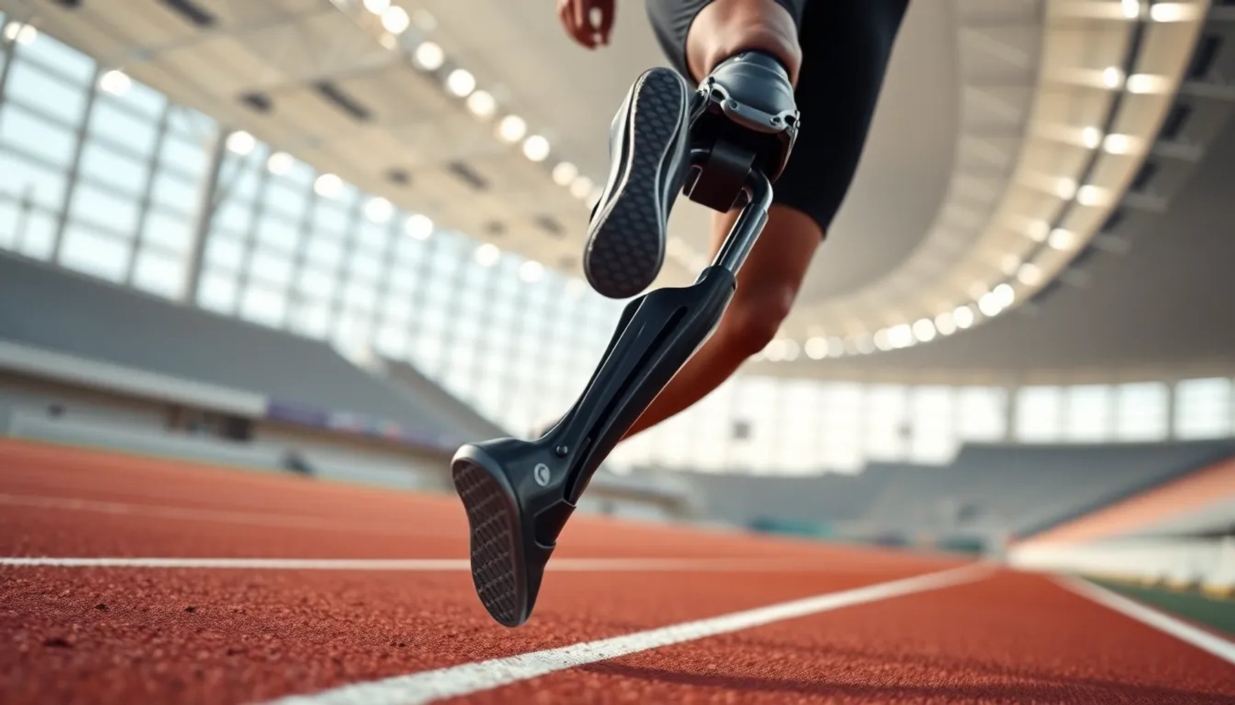 Atleta con prótesis deportiva de alta tecnología, diseñada en Murcia, compitiendo en pista