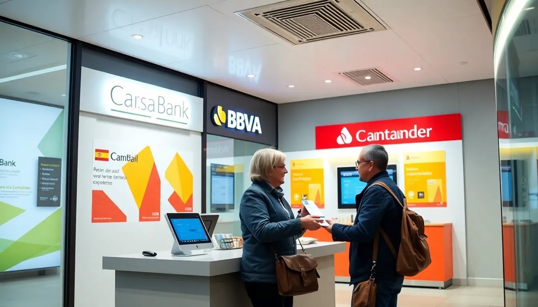 Imagen de un cajero automático con billetes y el logo de los principales bancos españoles