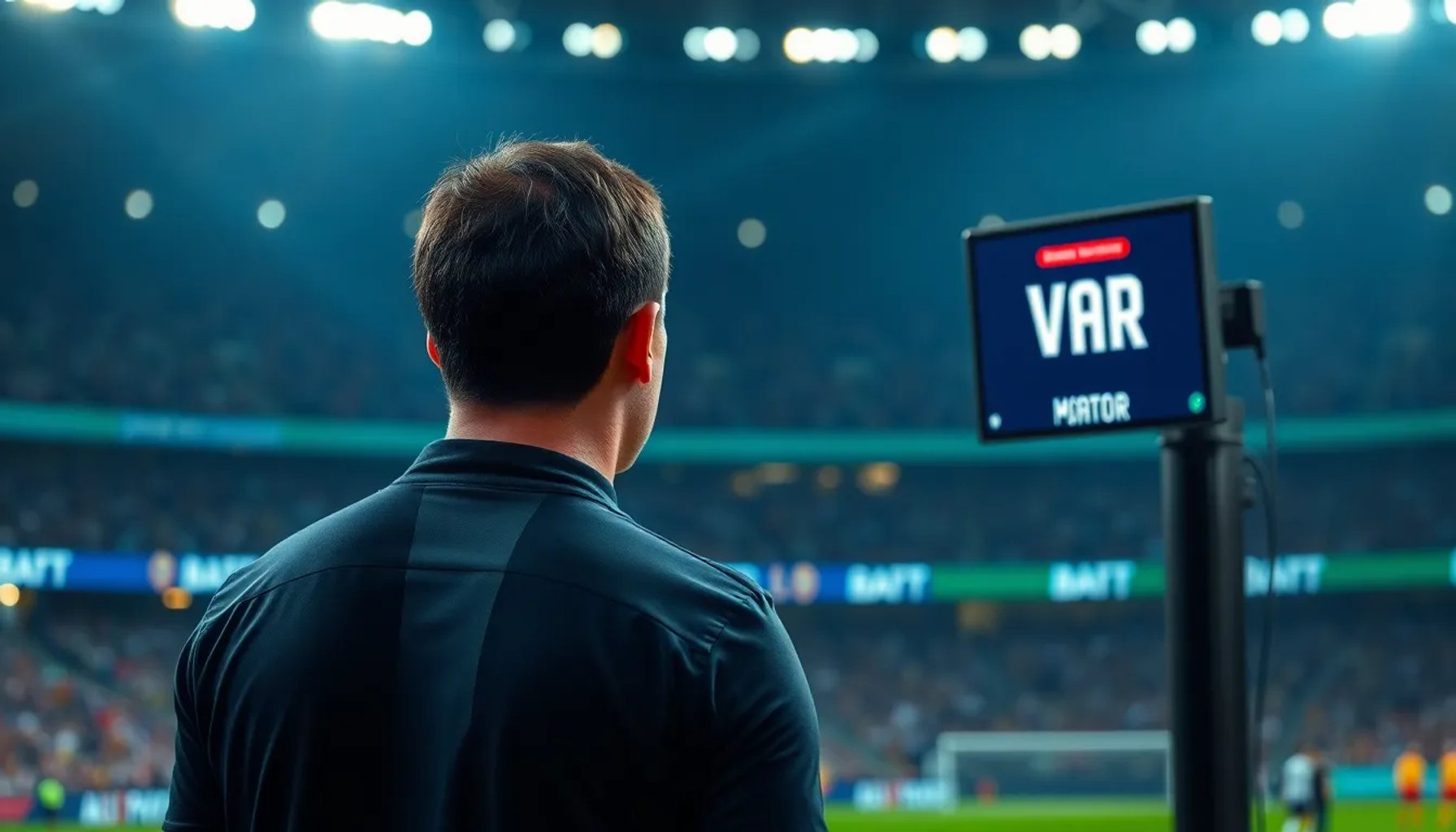 Árbitro revisando una jugada en el área con pantalla del VAR visible detrás