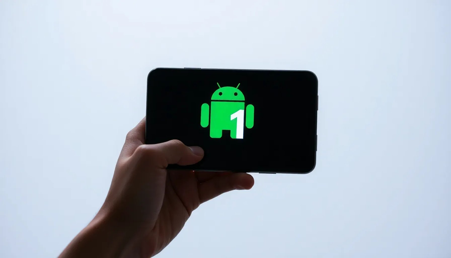 Persona sosteniendo un smartphone que muestra el logo de Android 17 en la pantalla
