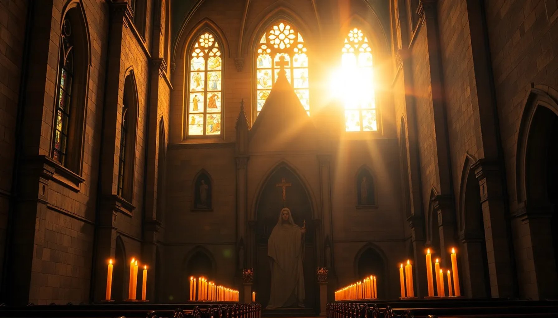 Imagen de una iglesia iluminada al atardecer con velas encendidas en honor a los santos del 14 de mayo