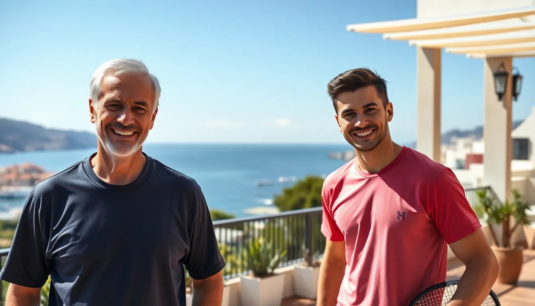 Rafa Nadal y Carlos Alcaraz conversando en una terraza con vistas al mar, ambos sonriendo y relajados