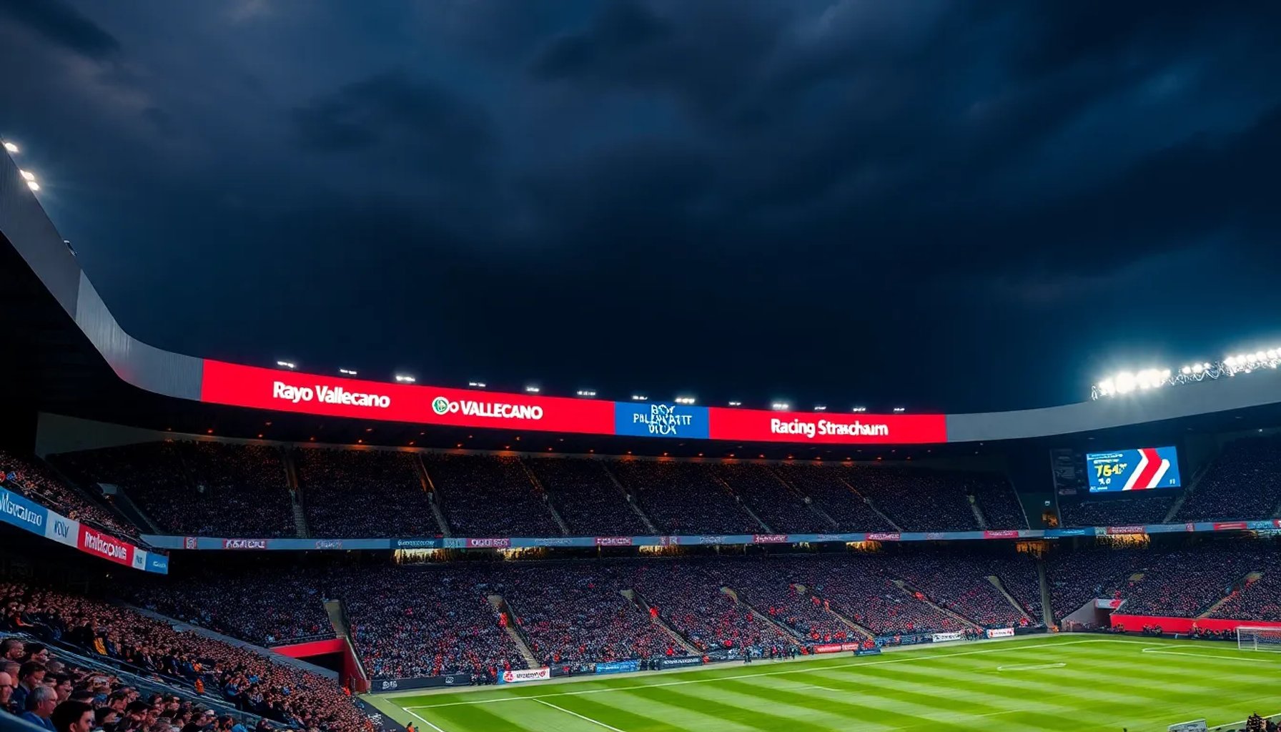 Estadio de Vallecas iluminado con aficionados del Rayo y el Racing Straßburg antes del partido semifinal