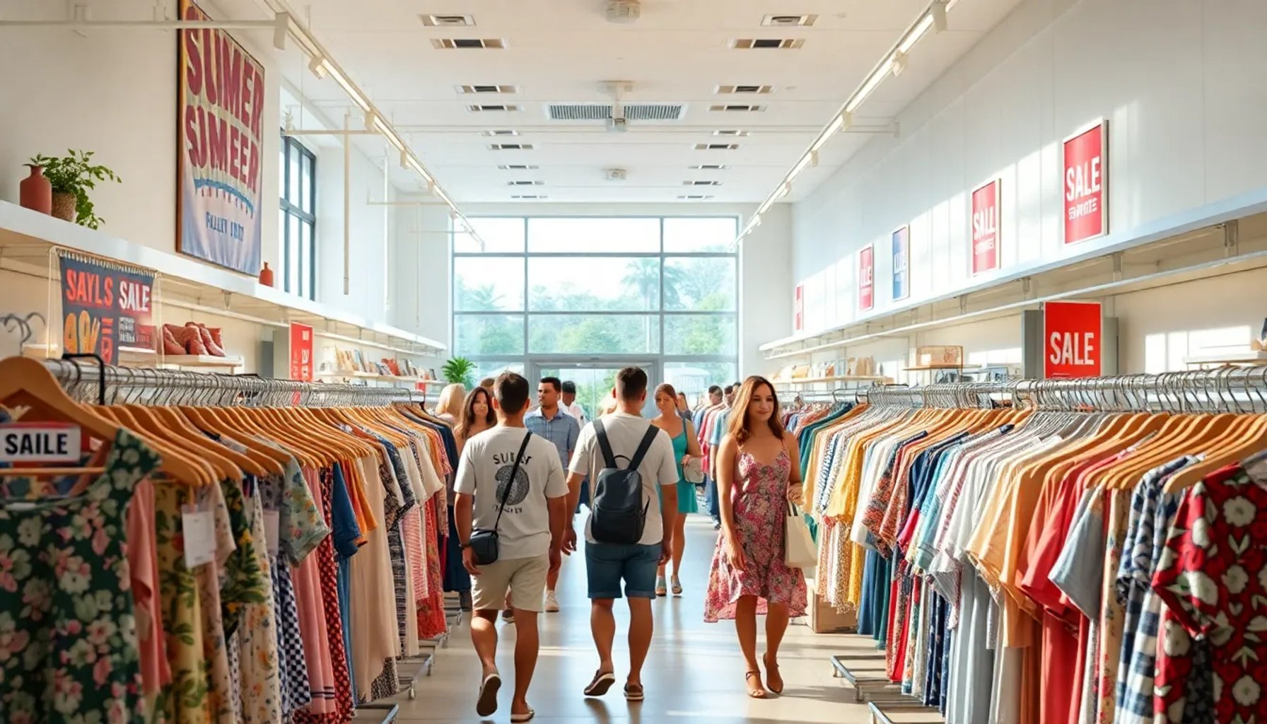 Personas revisando ropa de verano en una tienda durante las rebajas