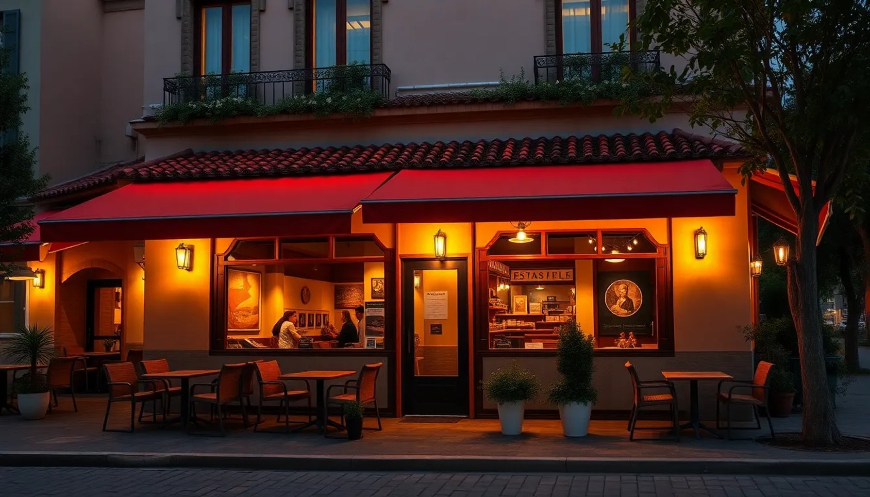 Fachada iluminada del restaurante en Las Rozas durante la noche