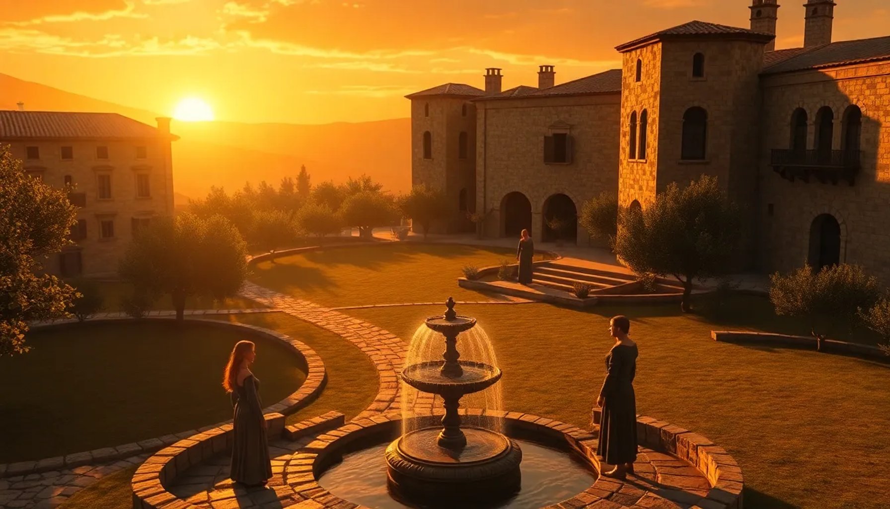 Imagen de la hacienda de La Promesa al atardecer con personajes principales en primer plano