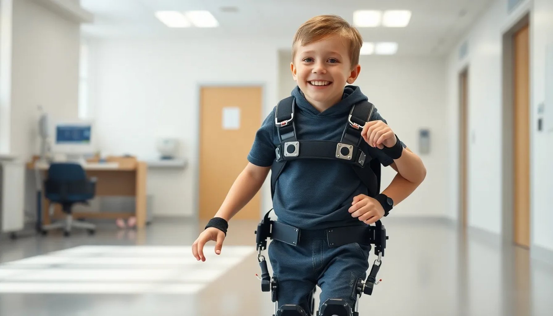 Robot portátil tipo exoesqueleto ayudando a niños con atrofia muscular espinal a caminar
