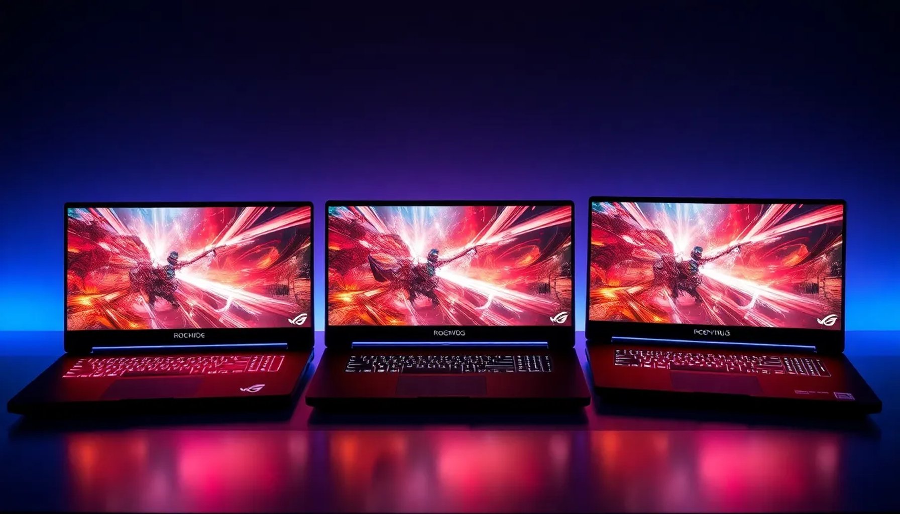Tres portátiles ROG Zephyrus alineados, mostrando su diseño elegante y pantalla brillante