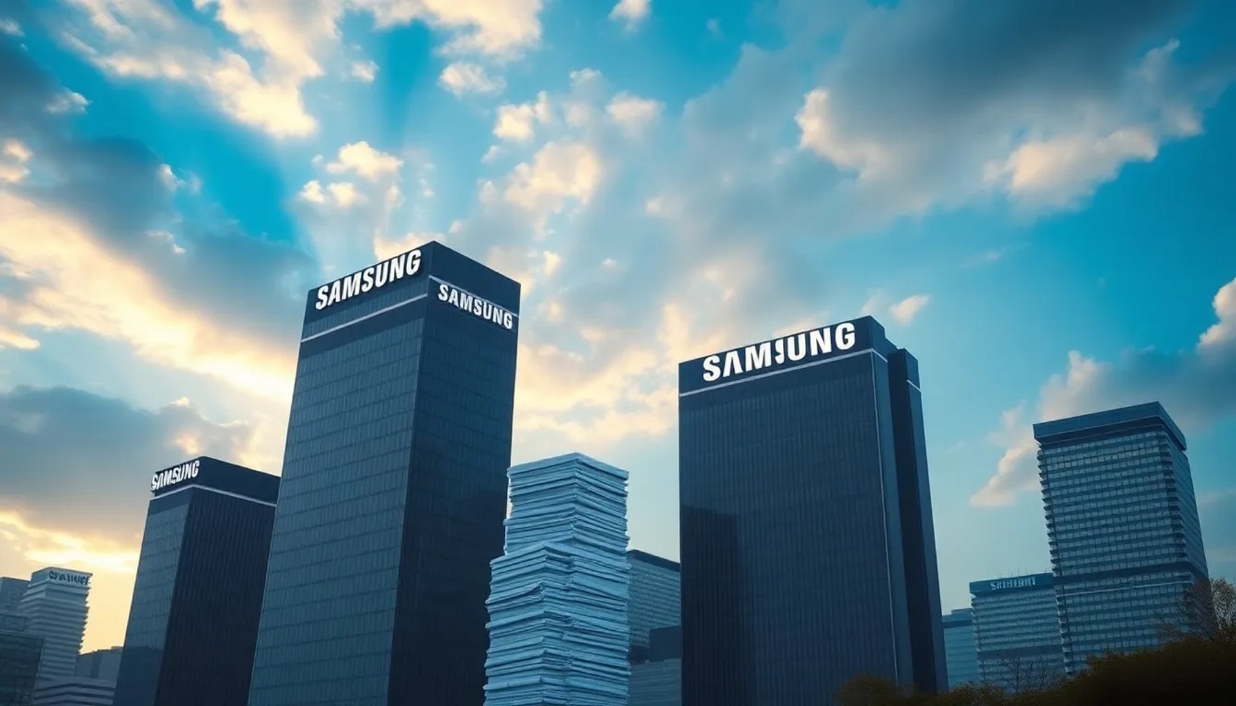 Edificio central de Samsung en Seúl bajo una lluvia de documentos fiscales que simbolizan el impuesto de sucesiones