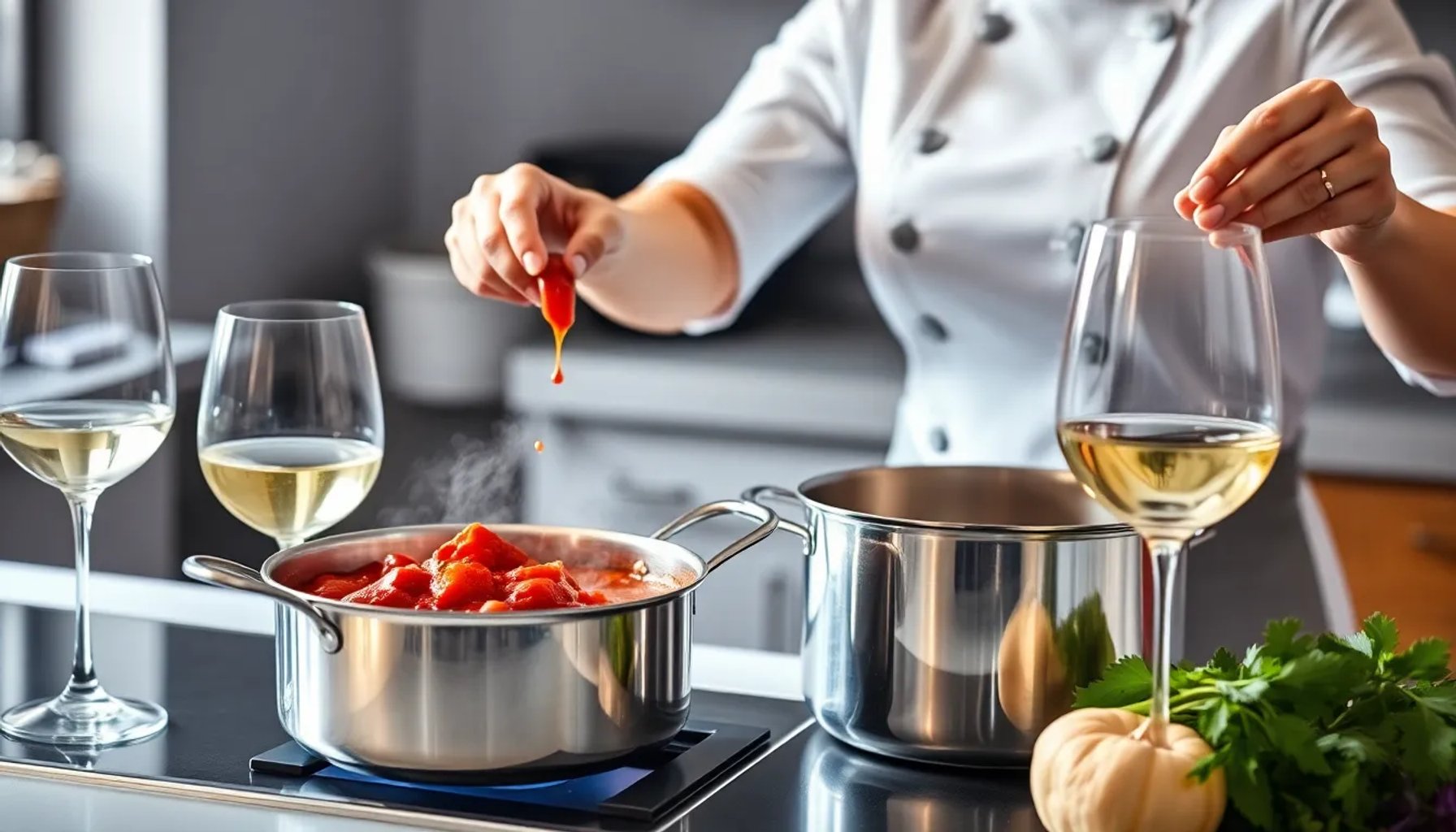 Chef Samantha Vallejo-Nágera preparando una salsa de tomate con vino blanco en una cocina profesional