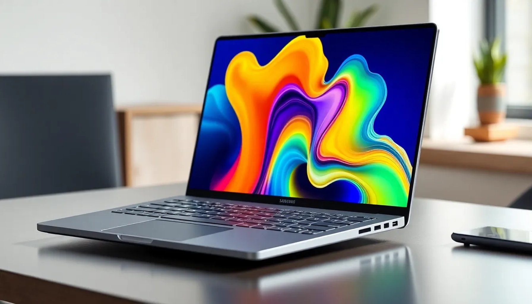 Samsung Galaxy Book6 Ultra abierto mostrando su pantalla OLED de 13,3 pulgadas con colores vibrantes