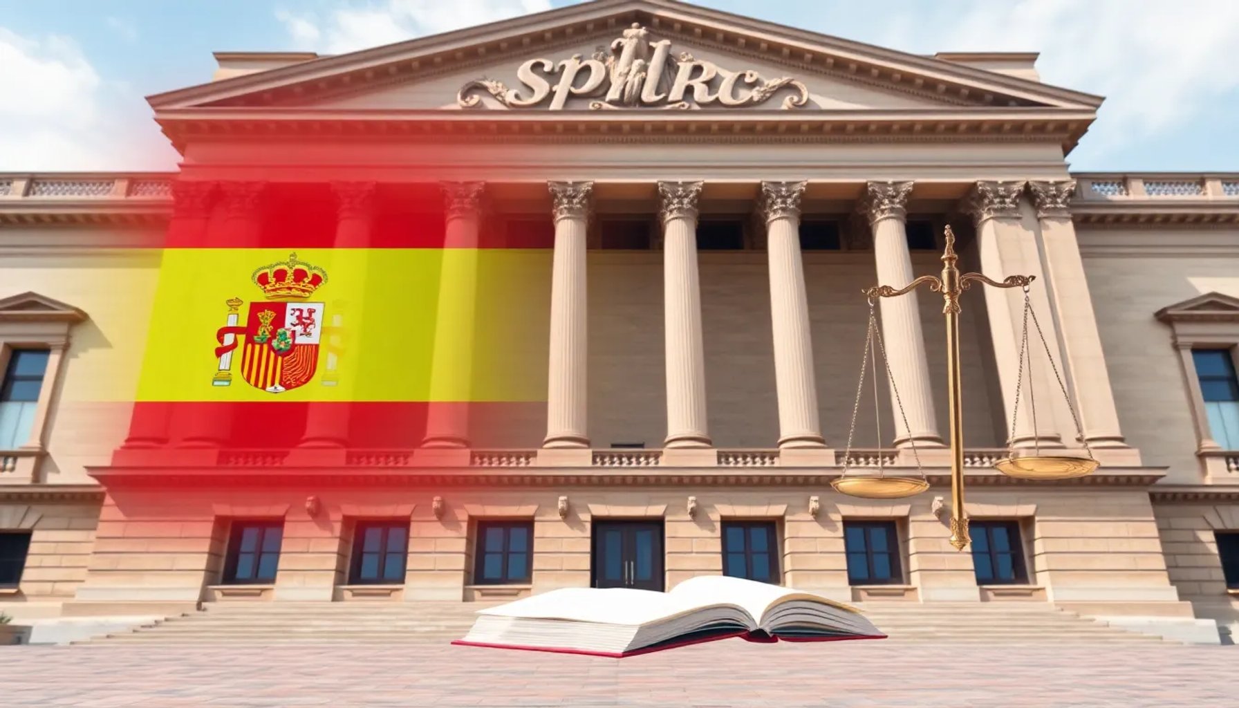 Ilustración que muestra el edificio del Congreso de los Diputados con símbolos de la Constitución y una balanza de la justicia