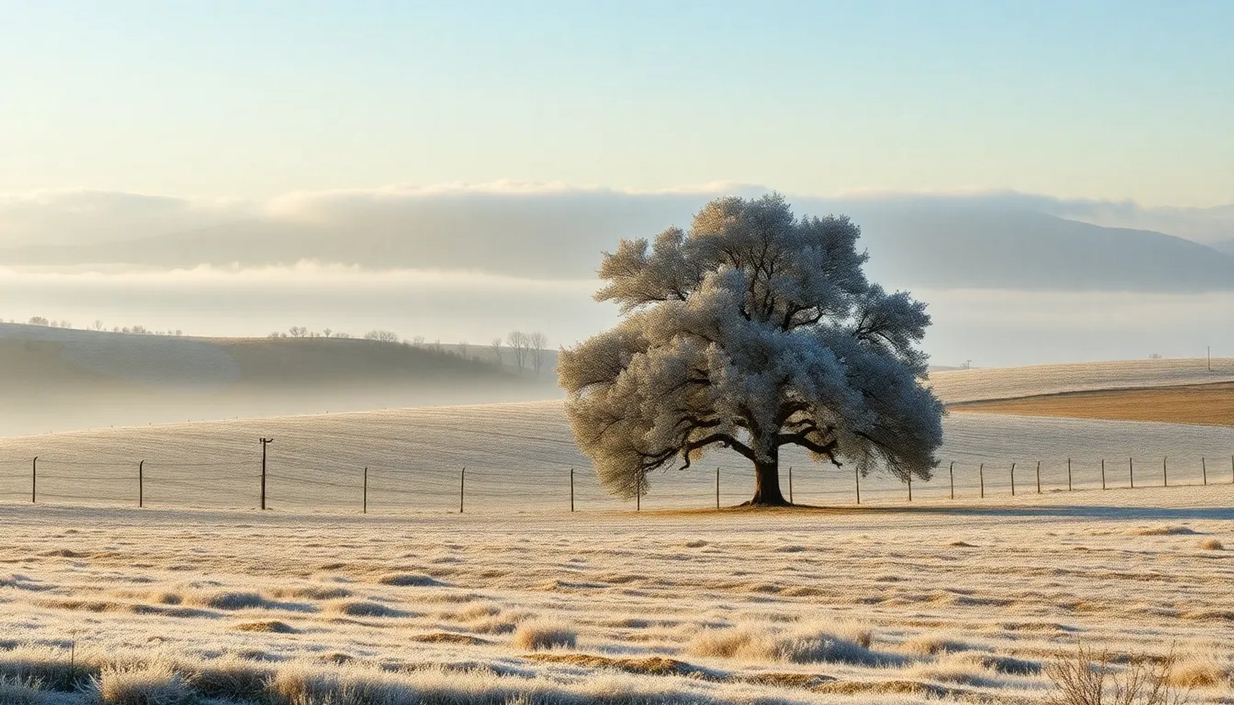 Campo español cubierto de escarcha bajo un cielo gris durante los Santos de Hielo en mayo