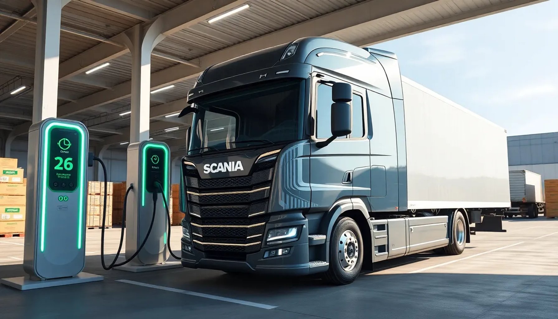 Camión eléctrico Scania conectado a una estación de carga bidireccional en un centro logístico