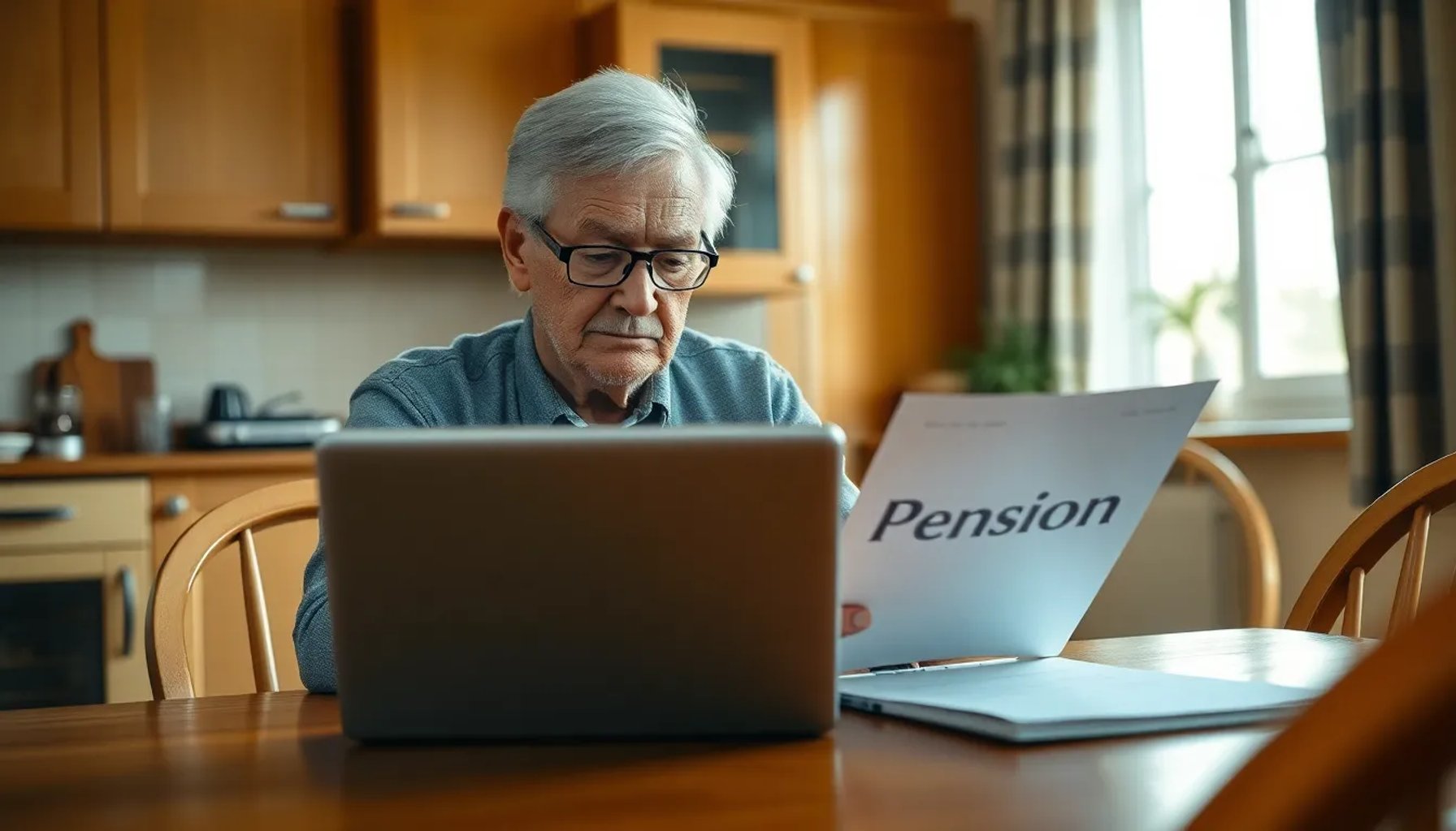 Imagen de una persona mayor revisando documentos de pensión con una computadora en un entorno doméstico