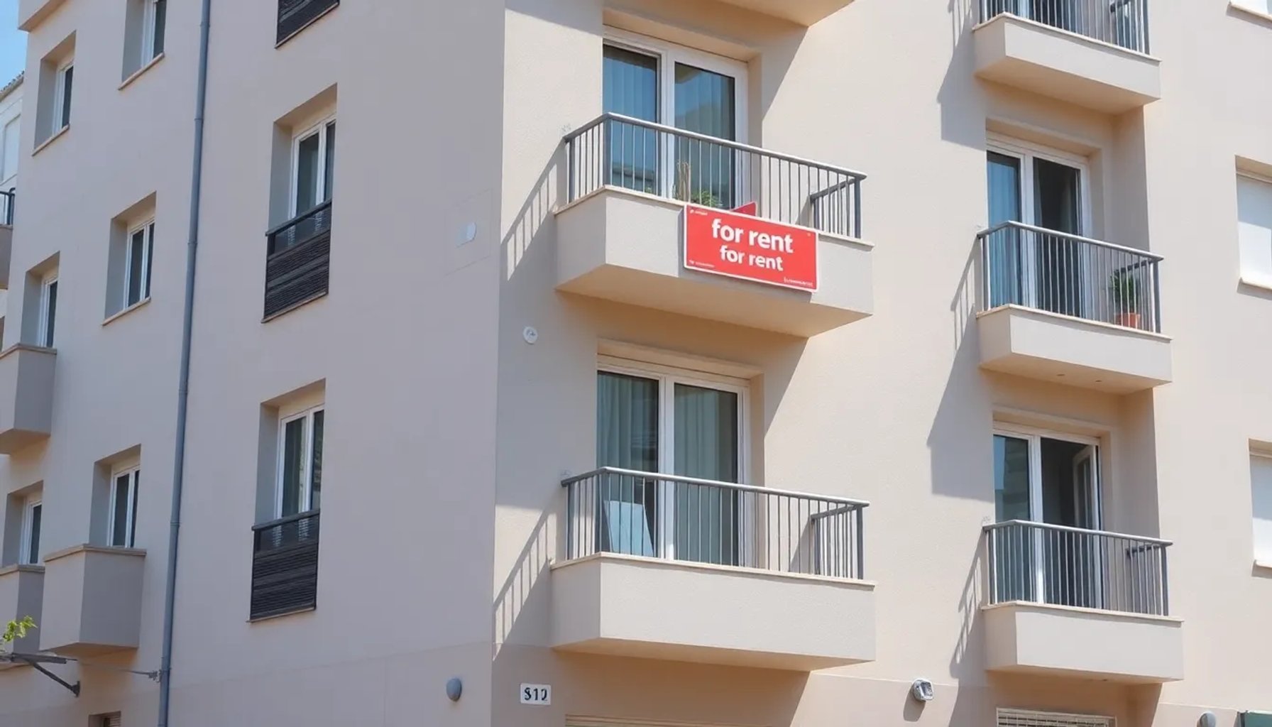 Edificio residencial gestionado por la Seguridad Social con señal de alquiler visible en la fachada