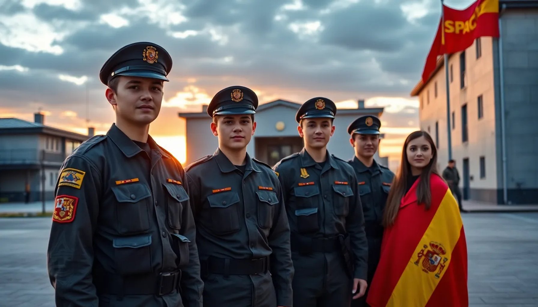Jóvenes en uniforme militar español frente a un cuartel al amanecer, mostrando unidad y disciplina