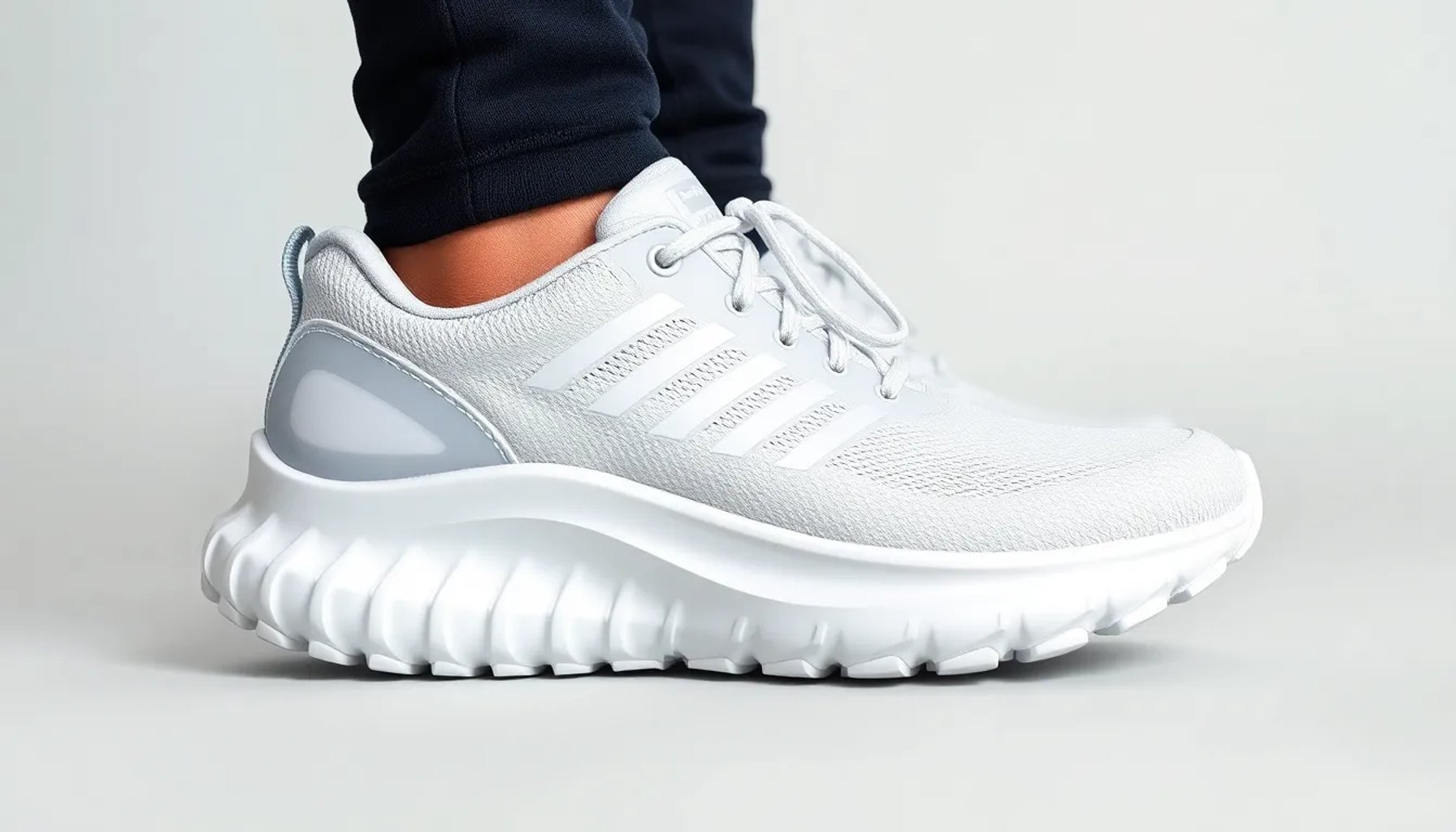 Zapatilla de running Skechers con suela blanca y detalles grisáceos, mostrando su entresuela esponjosa