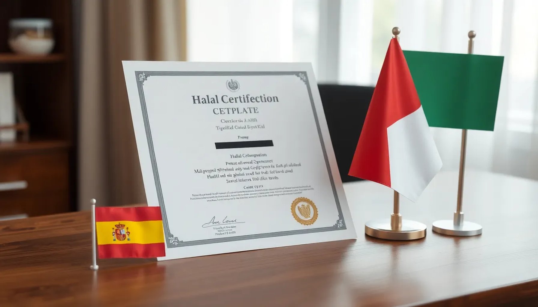 Ilustración de un documento de certificación halal sobre una mesa junto a una bandera de España y una de Emiratos Árabes Unidos