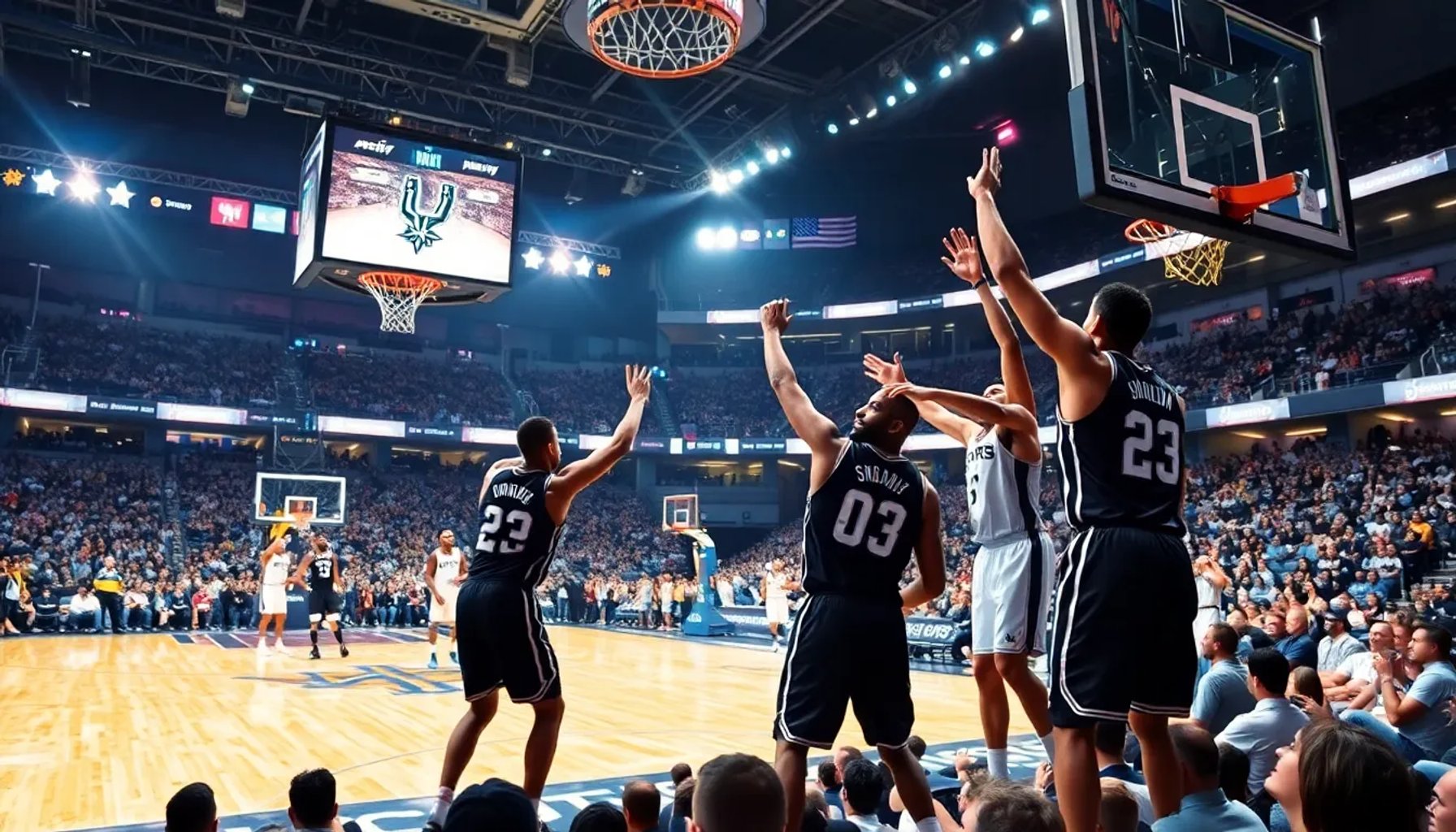 Jugadores de los Spurs celebrando la victoria 122-115 contra los Thunder en el estadio de San Antonio