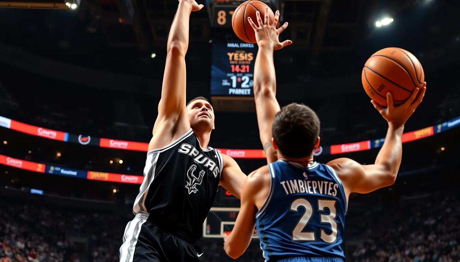 Victor Wembanyama bloqueando un tiro de los Timberwolves mientras el marcador muestra 112-104 a favor de los Spurs