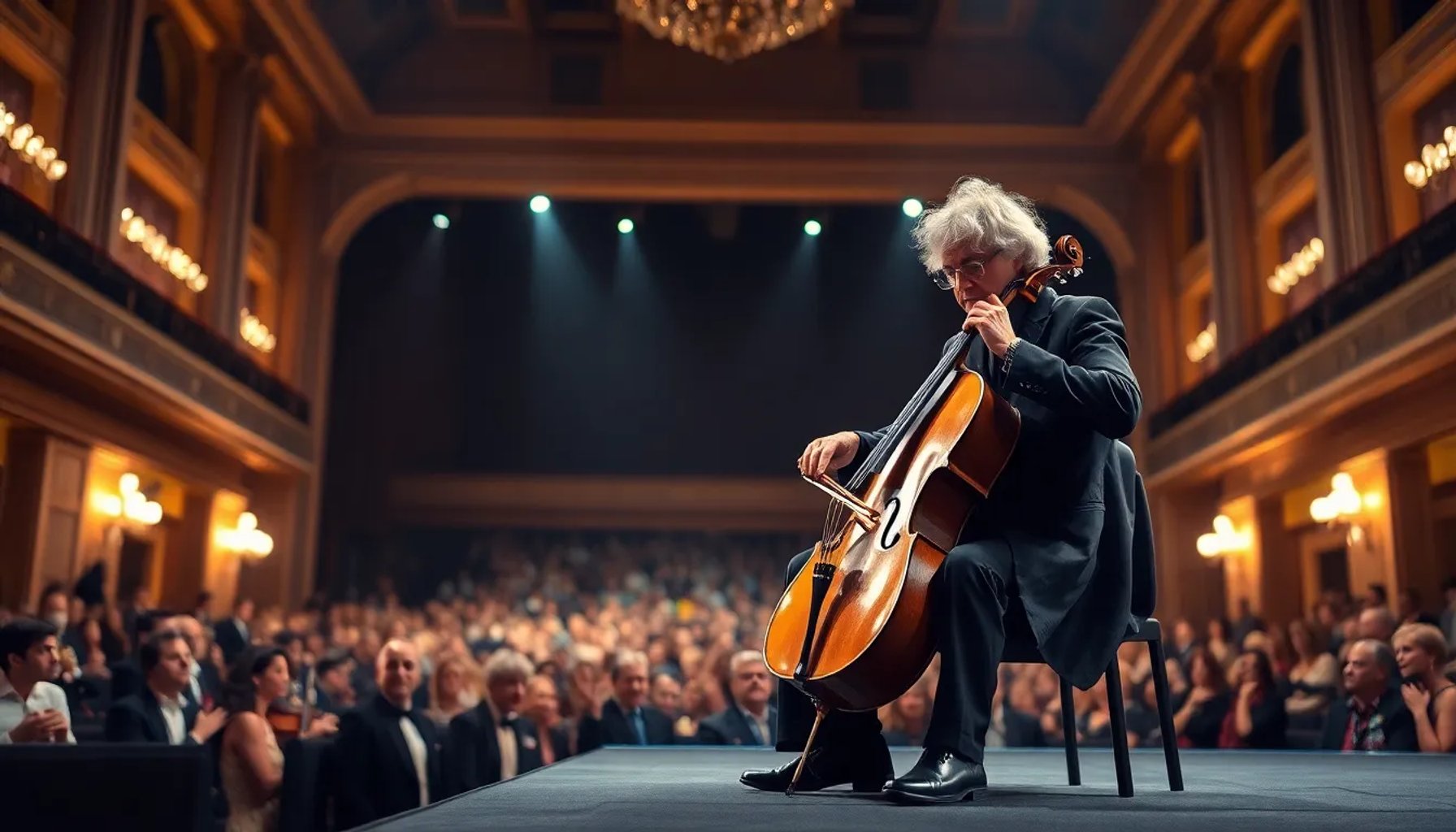 Steven Isserlis interpretando el violonchelo en el Teatro Gayarre de Pamplona, bajo la luz tenue del escenario
