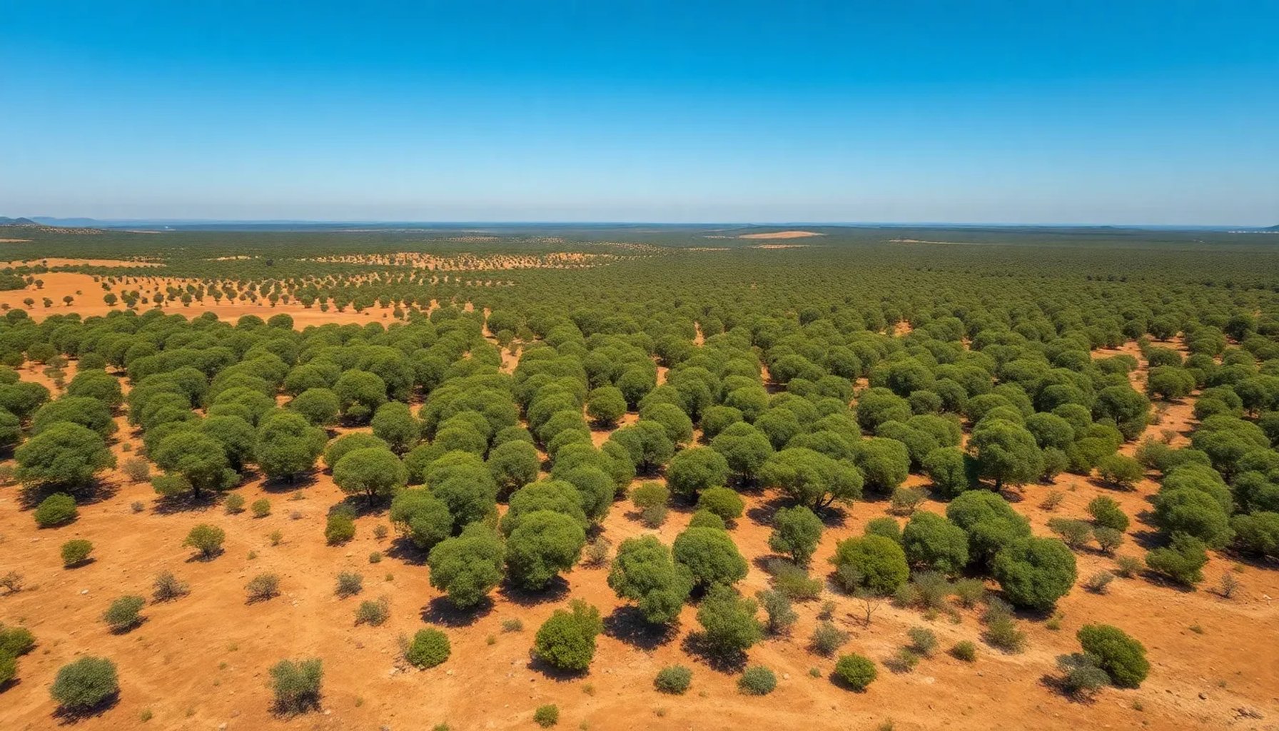 Vista aérea de un extenso campo de encinas taladas para la instalación de paneles solares en la provincia de Jaén, España